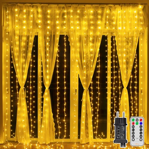 Ollny Lichtervorhang aussen 3×3m, 300 LED Lichterkette Vorhang mit 8 Modi, IP67 wasserdicht mit Fernbedienung, Timer und Dimmbar, für Weihnachten Tür Wand Party Fenster Balkon (Warmweiß)