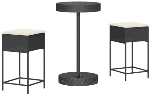vidaXL Gartenbar Set 3-TLG., Gartenmöbel mit Kissen, Bartisch Stehtisch Barhocker Barstuhl, Theke Bar Tresen Gartentheke Sitzgruppe, Schwarz Poly Rattan