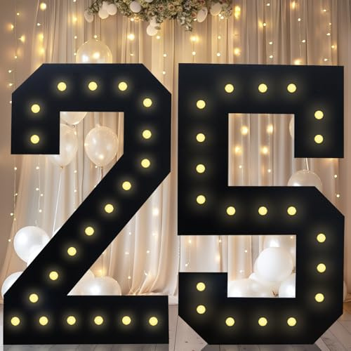 4 FT Marquee Light Up Numbers, Black Giant Marquee Number Mosaic Number for 25th Birthday Backdrop Anniversary Decorations Large Numbers for Party Wedding Decor, Pre-Cut Frame Number 25