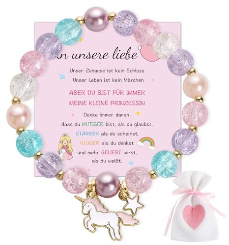 BOOMTOP Einhorn Armband Geschenk Mädchen Einhorn Glücksbringer Elastisch Perlenarmband Kinderarmband mit Bunt Perlen Geburtstag Weihnachten Silvester Geschenk Adventskalender Füllung mit Karte Beutel