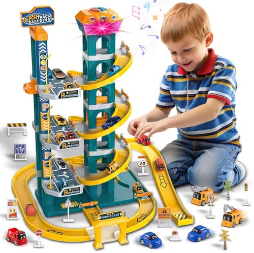 xwin sportseries Kids Pretend Play Toy for Children 4 Story Garage Building Car Parking lot, Helicopter landing spot & Light Sound with Lift for Children Educational Play Toy for Boy Girls