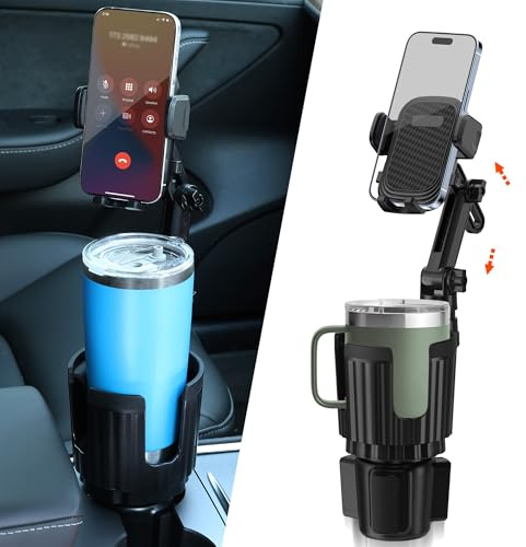 Newlest 2 in 1 Phone Mount for Car Cup Holder with Adjustable Base, Holders for Car Cupholder, No Shaking 360° Flexible Neck Phone Mount for All 4-7” Smartphones, Cup Holder for Most Bottles