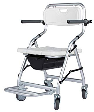 Duschstuhl mit Rollen und Rückenlehne für Senioren und Behinderte Faltbarer Transportstuhl mit 4 Radbremsen 41cm Breite 46cm Höhe Sicherheitssitz (360°)