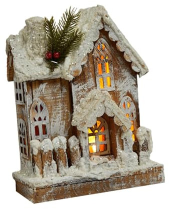 LOVIVER Maison de Village Maison en Bois Figurine Statue Décoration de Noël Scène de Village Cabane en rondins Lumineuse pour Bureau