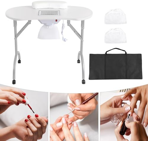 Faltbar Maniküretisch mit Absaugung Tragbarer Nageltisch Tragbaresmanikürtisch mit Rollen Mobiler Maniküre Tisch Professioneller, Kosmetiktisch mit Belüftung, für Nagelstudio, Spa mit Tasche (Weiß)