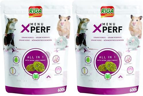 Riga - Menu X’Perf - Aliment Complet pour Rongeurs - Hamsters, Gerbilles, Rats - Céréales, Légumes, Huile de Saumon et Yucca - Enrichi en Prébiotiques - Idéal pour la Brillance des Poils - 600G