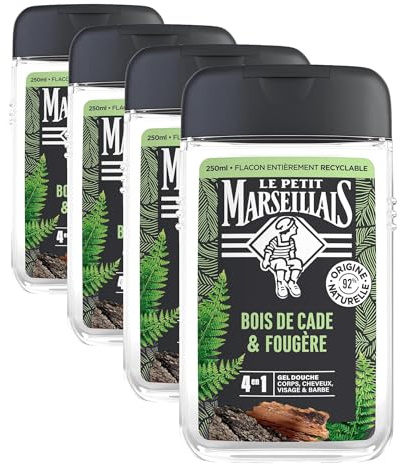 Le Petit Marseillais - Gel Douche Homme Bois de Cade & Fougère (flacon de 250 ml) – Formule 4 en 1 corps, cheveux, visage & barbe – 92% d'ingrédients d'origine naturelle et pH neutre (Lot de 4)
