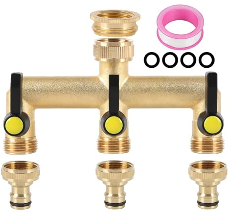 Tap Water Distributor, 3/4 Inch Brass Water Connection Distributor with 3/4'' Hose Connectors and 1/2'' Tap Connector Adapter for Home, Yard, Washing Machine, Garden Hoses