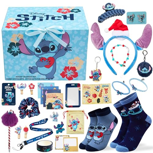 Get Trend Disney Stitch Adventskalender 2026 Kinder Damen | Gift Box mit Accessoires, Socken, Schreibwaren & Schmuck, Weihnachts Countdown Kalender, Geschenkidee (Blau Stitch)