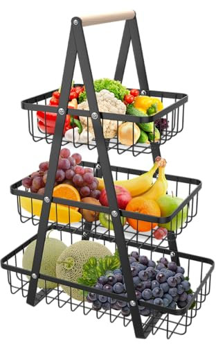 NAIZY Obst Etagere Obstkorb 3 Stöckig Schwarze Abnehmbar Obstschale Gemüseregal Brotkorb Küche Aufbewahrung für Obst, Gemüse, Snacks, Brot - 33x17x47cm
