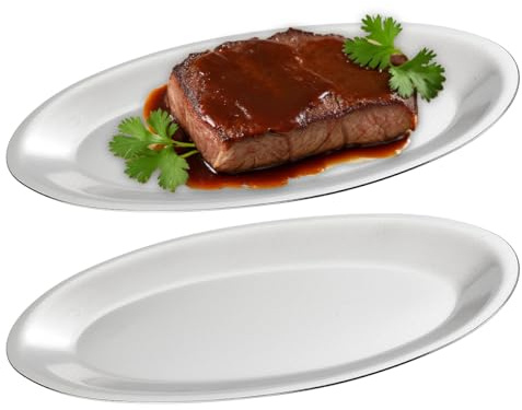 Assiettes Plates délicate,Ovoïde,plates en acier inoxydable, 27x17cm, set de 2,argentée