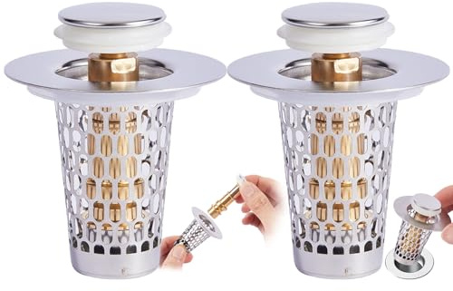 2 Pcs Bathroom Sink Drain Strainer, Pop-up Bathroom Sink Strainer with Removable Stainless Steel Anti-Clogging Fast Drainage Basket, Drain Hair Catcher Sink Stopper Replacement
