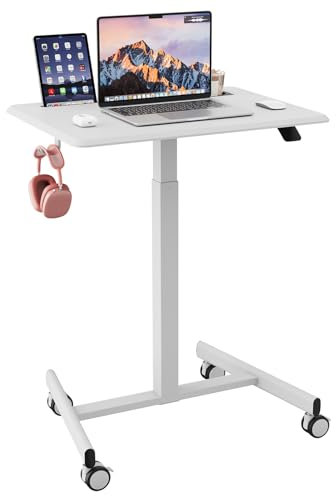 JUMMICO Höhenverstellbarer Schreibtisch Mobiler mit Rollen, Schreibtisch Höhenverstellbar Kleiner Tisch Computertisch Stehpult, 65 x 48 cm, Weiß
