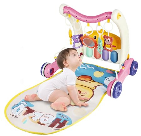 Lauflernhilfe für Babys, stehend, mit interaktiver Multiaktivitätsplatte + abnehmbarer Musik, faltbar, bis zu 12 kg, Rosa