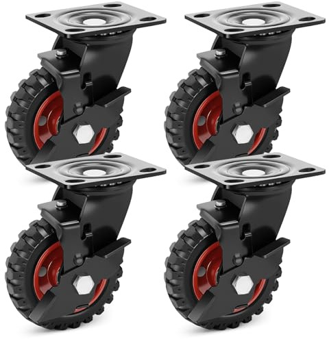 Humagineer 5 Inch Outdoor Heavy Duty Casters Wheels Set of 4, Sturdy Large Rubber Casters with Brake, Industrial Grade Plate Swivel Castors 1080 LBS with Knobby Tread for Workbench, Cart, Chicken Coop