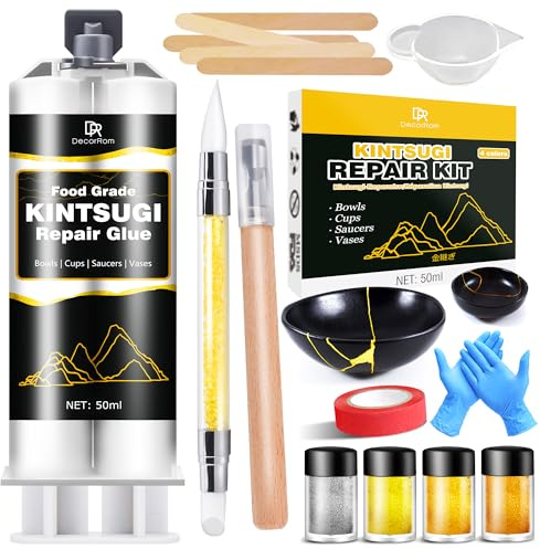 Kintsugi Reparationsset, 50 ml guld/silver Kintsugi set porslinslim, livsmedelssäkert keramiskt reparationsset, för reparation av trasig keramik, glas, skulpturer, julklappar, julklappar