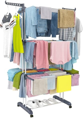 Stendino a Torre con Piedi Antiribaltamento – Stendibiancheria Pieghevole in Metallo, Ali Modulari e Richiudibili, Ruote Pivotanti, 18 m di Stenditura, Portata 25 kg - Ideale Per Famiglie, Grigio