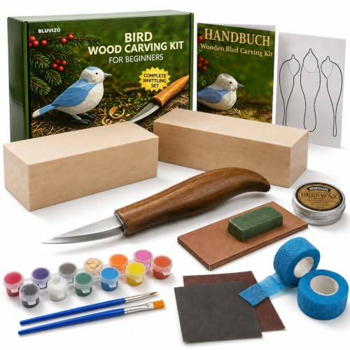 Bluvizo Anfänger Schnitzmesser Set für das erste Vogel-Schnitzprojekt | 19-teiliges Holzschnitzset mit Anleitung, Vorlagen, Lindenholz und Farben – DIY Geschenk für Erwachsene