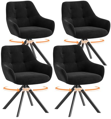 COLAMY Drehbare Esszimmerstühle 4er Set, Esszimmerstühle Drehbar mit Armlehne, Armlehnstuhl Drehbar mit Rückenlehne für Esszimmer, Stühle aus Weichem Florstoff mit Metallgestell für Küche, Schwarz