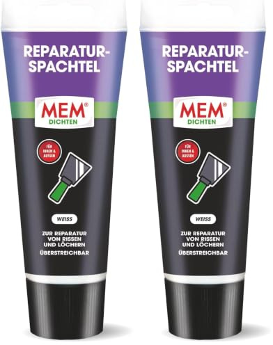 MEM Reparatur-Spachtel, Für Risse und Löcher, Gebrauchsfertig, Innen und Außen einsetzbar, Schnell trocknend, Überstreichbar, Lösemittelfrei, 330 g, Weiß (Packung mit 2)