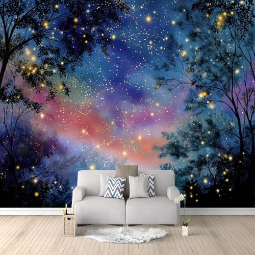 Carta da Parati Fotografica Decorazione Artistica - Acquerello Fantasy Alberi Stelle Fotomurale per Soggiorno Camera da Letto, Blu Scuro Poster con Carta da Parati di Grande Formato, 150 x 105 cm