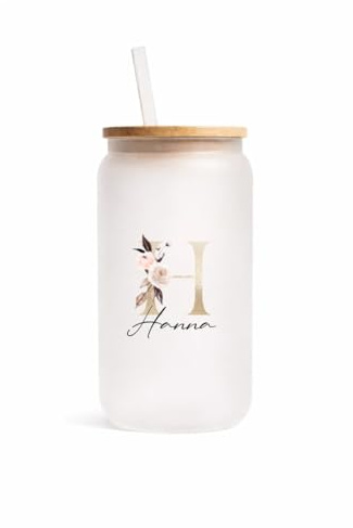 Generisch Trinkglas mit Name & Buchstabe – personalisiertes Geschenk für Frauen, Freundin & Mama – Glas mit Deckel & Strohhalm 470 ml Eiskaffeeglas