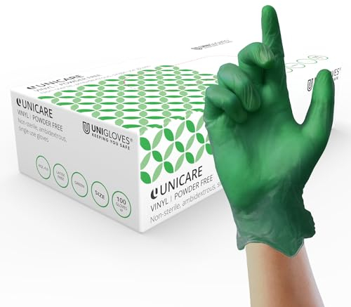 UNIGLOVES Unicare Vinyl Disposable Gloves - Multipurpose, Powder and Latex Free Examination Gloves - Box of 100 Gloves, Green, Medium (GS0123)