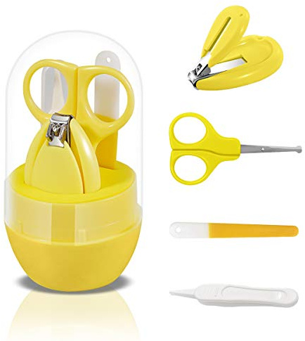 SONARIN Transparenter Deckel Baby Nagel Kit, 4-in-1 Baby Pflege set, mit Baby Nagelknipser,Schere,Nagelfeile und Pinzette, Baby Nagelpflege Set für Neugeborene oder Kleinkinder(Gelb)