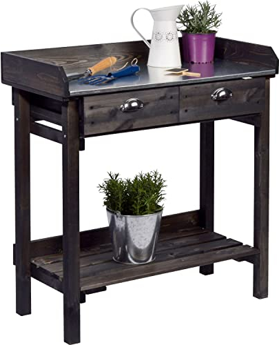 dobar® Design Pflanztisch mit 2 Schubladen | Gärtnertisch mit Ablageboden | Umtopftisch aus massivem Fichtenholz | Blumentisch für Garten/Terrasse/Balkon | 79 x 39 x 90 cm | Schwarz