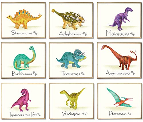 Outus 9 Stücke Dino Poster Wandtattoos Ungerahmt Geburtstag Dekoration | Dinosaurier Wand Kunst Druck, Wandbilder, Ungerahmt, Ideal für Geburtstag und Raumdekoration, 9 Dinosaurier Motive