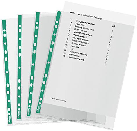 Esselte A4 Punched Pockets, 100 x Poly Pockets, 34 Micron Thickness, Clear Embossed A4 Pockets With Punched Reinforced Green Spine, Ideal For Lever Arch Files & Ring Binders (Pack of 100), 628531
