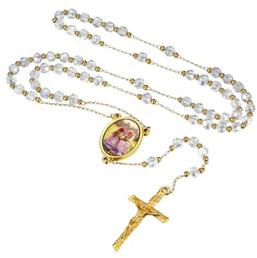 FaithHeart Personalisierte Rosenkranz Kette für Damen Mädchen， Christliche Rosenkranz Halskette，Foto Halter mit Geschenkebox für Muttertag Geburtstag Weihnachten