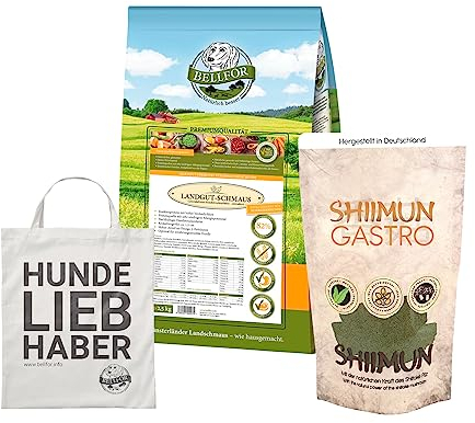 Bellfor Set speciale per cani Landgut-Schmaus gusto insetto per l'alimentazione di cani con Clostridium difficile, 2,5 kg Shiimun Gastro in polvere 120 g e 1 sacchetto di iuta