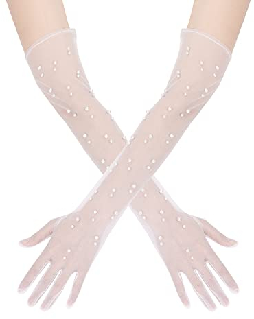 KINBOM 1 Paar Brauthandschuhe Tüll Lang, Elegante Brauthandschuhe Perlen Weiße Handschuhe Damen für Bräute Mädchen Frauen