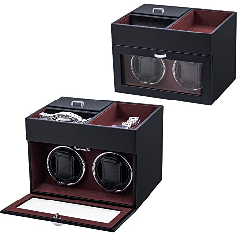 Mcbazel Multifunktionaler Uhrenbeweger für 2 Uhren, automatische Uhrenanzeige LED-Licht Schmuckaufbewahrungsbox mit leisem Motor und 1 Rotationsmodus - Weinrot