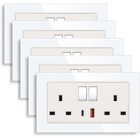 5 Pack CNBINGO USB Fast Charging with Glass Double Switched Socket, 20W Type-C (PD) and USB-A (QC) with Electric Power Socket, White Tempered Glass Panel Wall Outlet