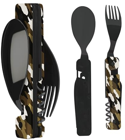 Akinod 6-in-1 Camping Cutlery Set, Multifunctional Stainless Steel Knife | Fork, Spoon with Corkscrew, Can & Bottle Opener, Compact Gadget for Camping Essentials