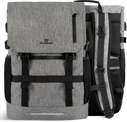 RUGSAK® Original |30L Rolltop Rucksack [3-Size-Technology] mit 18 Lapotpfach | Wasserresistent | für Arbeit Schule Reisen und Sport | Damen und Herren - Ash Gray