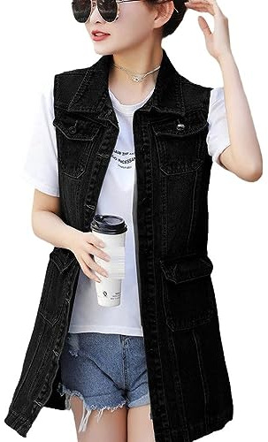 Plus Size Damen-Jeansweste – V-Ausschnitt, Dehnbarer Jeansmantel, Übergröße, Ärmellose Gilet-Jacke, Einreihige Tank-Tops, Modische Westen, Taschen, Lässige Oberbekleidung, Vintage-Schwarze Lang