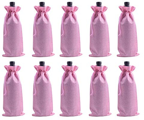 KONMAY 10 Stück Rosa Weintasche mit Kordelzug, 15x35cm Jute Weinbeutel, Wiederverwendbare Sackleinen Wein-Geschenkbeutel, Weinflaschenbeutel, Weinbeutel für Hochzeit, Party, Blindverkostung