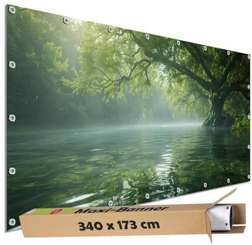 TRIOSK Große Motivplane Sichtschutz Zaunblende mit Motiv Flussbaum Nebel Fluss Wasser Baum Motivbanner Garten Deko Plane Blickdicht für Zaun Terrasse Gartenzaun Zaunplane PVC 340x173 cm