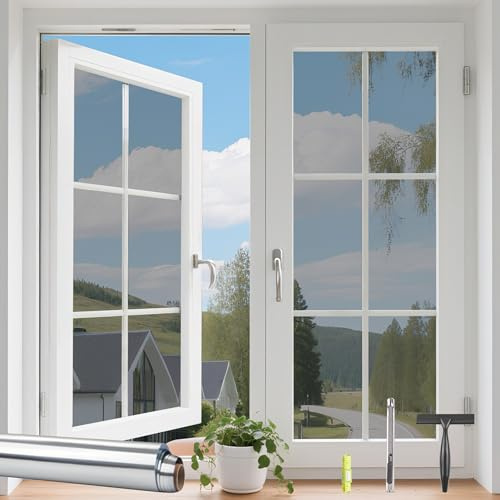 KROMAPOLIS Fensterfolie Blickdicht von Aussen, Spiegelfolie Fenster Sichtschutz Selbstklebend, Hitzeisolierend und UV-Beständig, Silber Farben 90 x 400