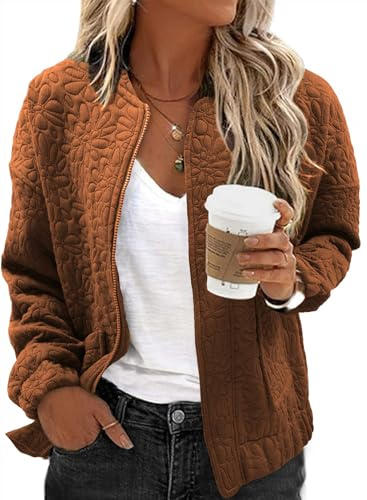 EVALESS Spring Jackets for Women Dressy Casual Summer Clothes Trendy 2026 Teacher Outfits Cute Jacquard Bomber Jackets Long Sleeve Zip Up Cropped Brown Jeacket Lightweight Coat with Pockets, Medium