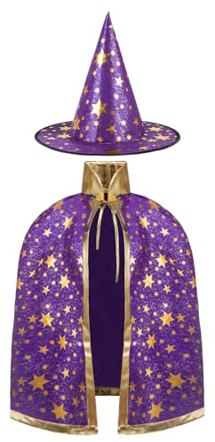 AYBUY Costume de Sorcière D'halloween pour Enfants, Cape du Magicien D'halloween avec Chapeau Cape de Sorcier Sorcière Enfant Cosplay Costume pour Fête de Cosplay D'halloween Garçon Fille,Violet