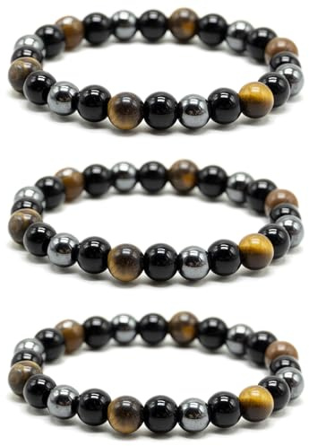 bracelet triple protection, lot de 3 œil de tigre de 8 mm, bijou en pierres précieuses, porte-bonheur et prospérité, apporte chance et prospérité Unisexe 16 cm à 18 cm