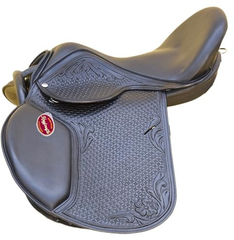 Kayfcrafts Springsattel aus braunem Leder, baumlos, mit Werkzeug und Schnitzen, Steigbügel und Riemen für Pferde, Schwarz, 35,6 cm