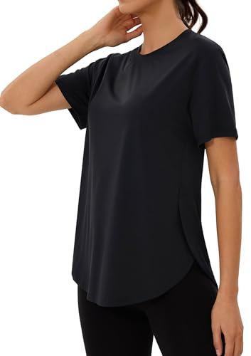 Wayleb Sportshirt Damen Kurzarm, Rundhals Sport T-Shirt Leicht Atmungsaktiv Funktionsshirt Laufshirt Locker Fitness-T-Shirt Sportoberteile mit Seitenschlitzen, Schwarz XXL