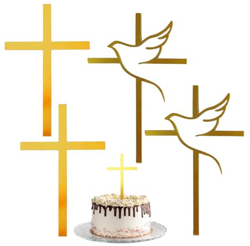 NOPKESV 4 Pièces Décoration Gâteau Croix Acrylique Or First Communion Cadeau pour Baptême Communion Confirmation Mariage Anniversaire Fête