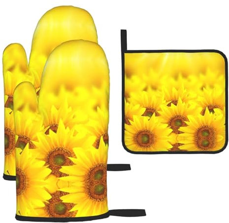 Set di 3 guanti da forno natalizi con girasole giallo e presine, guanti da forno da cucina, guanti resistenti al calore