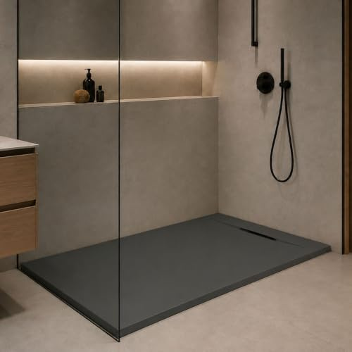Yellowshop - GENESIS Piatto doccia rettangolare marmoresina h 2,5 cm antracite e bianco finitura ardesia scarico laterale a scomparsa con sifone diverse dimensioni (Antracite, 80x120)